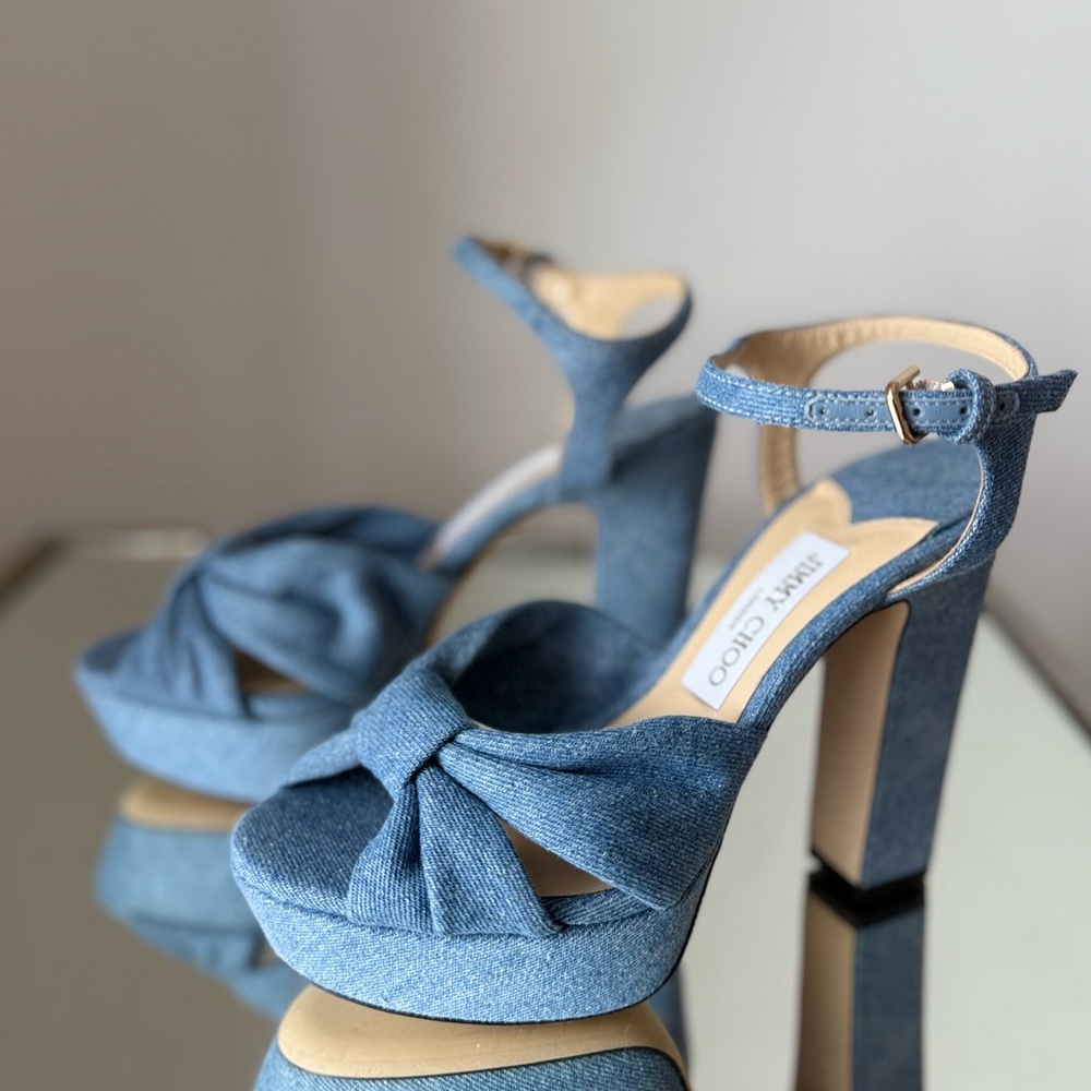 New JIMMY CHOO Heloise 120 Knotted Denim Platform Sandals 38 $995 - Picture 6 of 14